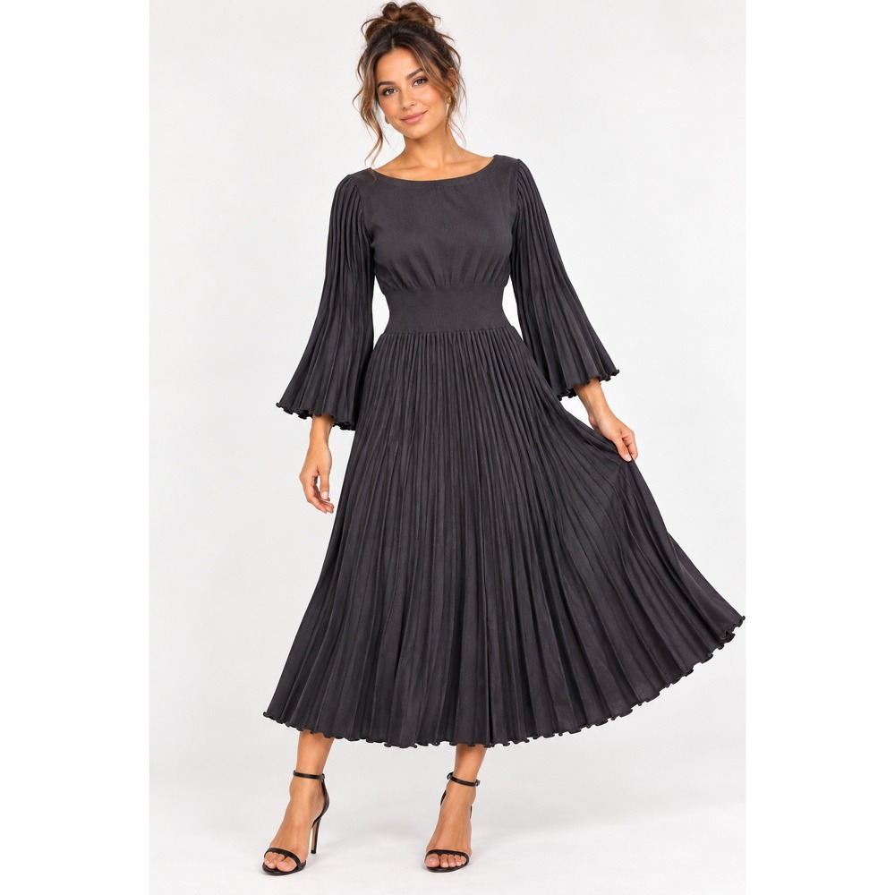Charlie Paige Blk Pleated Bell Sleeve Sweater Dress Sz S Midi Scoop Neck NWT